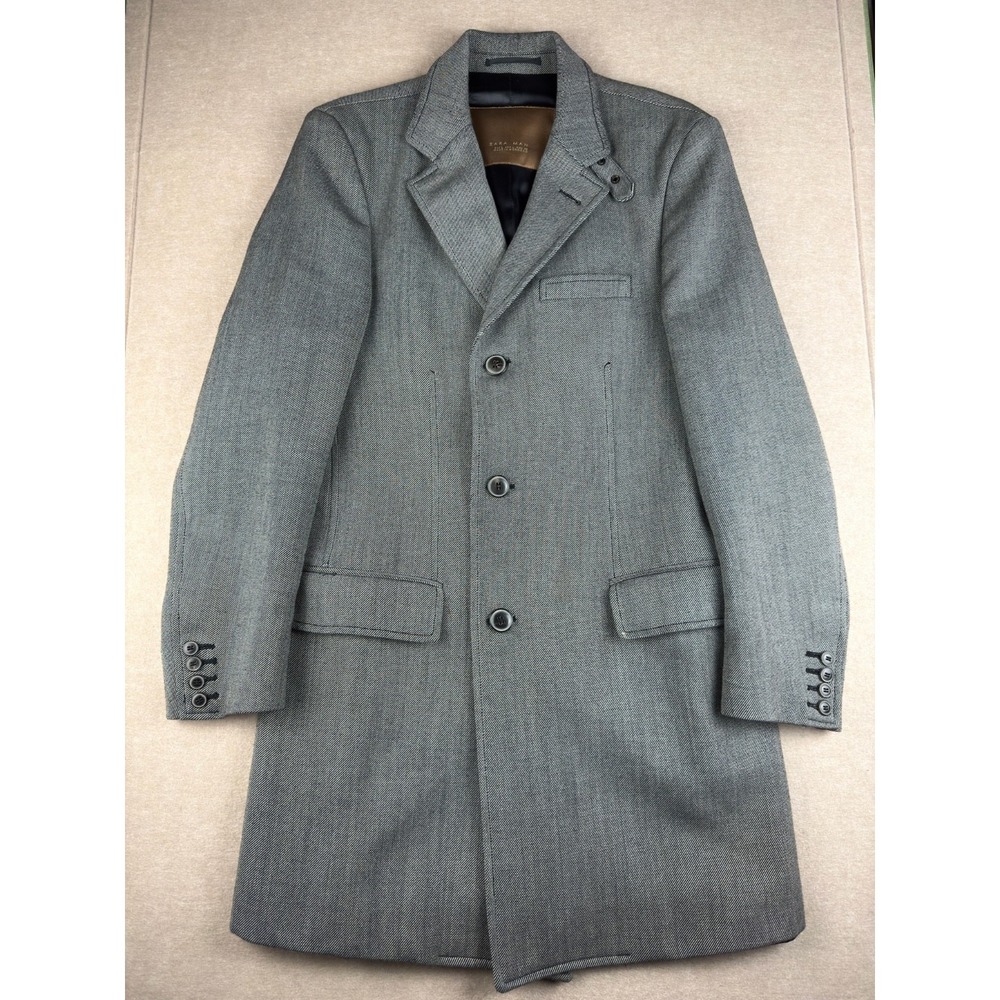 ZARA MAN Wool Blend Overcoat Men Large Gray Long Coat Button Front